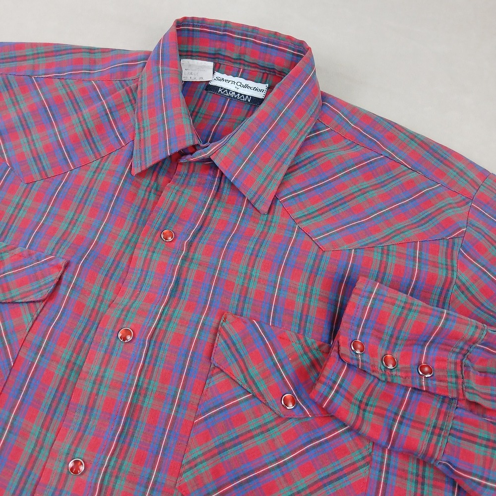 VTG Karman Silver Large Mens Shirt Flannel Western Snap 23x30 USA FLAWS Slim